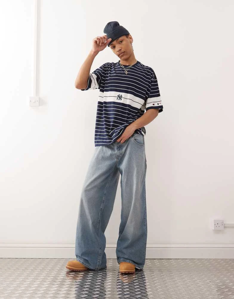 CHAMPION Champion t-shape striped NY logo t-shirt in navy 1