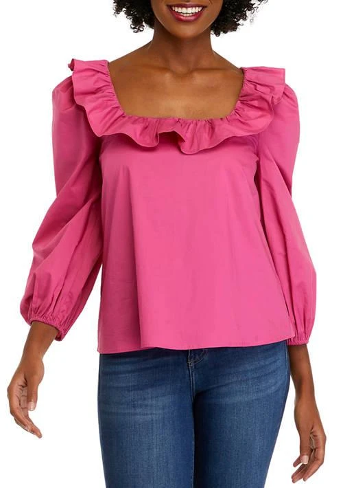 English Factory Factory Womens Long Sleeve Ruffle Square Neck Blouse 1