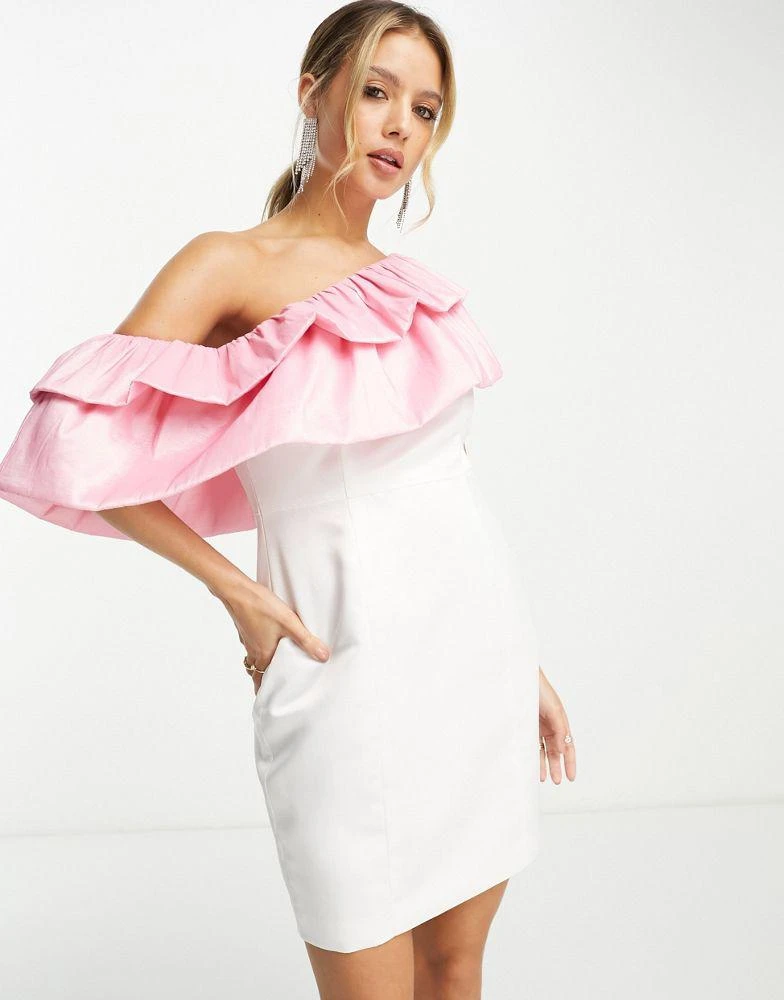 Band of Stars Band Of Stars Premium one shoulder extreme contrast ruffle detail mini dress in white & pink 1