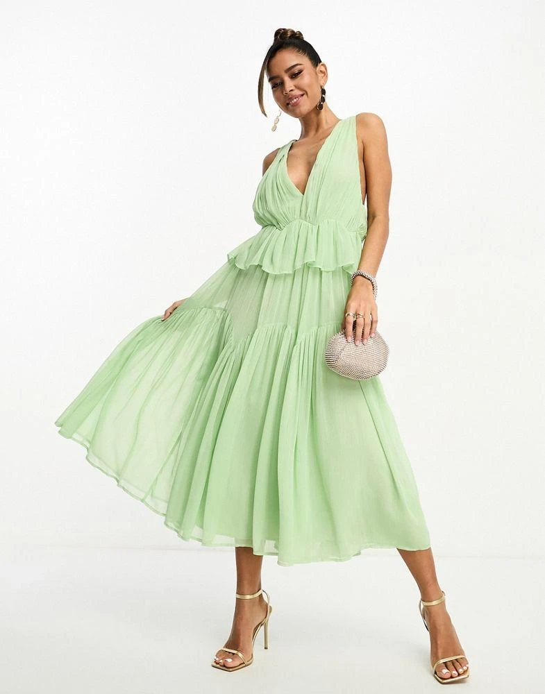 ASOS DESIGN ASOS DESIGN plunge pleated tiered midi dress in sage green 3