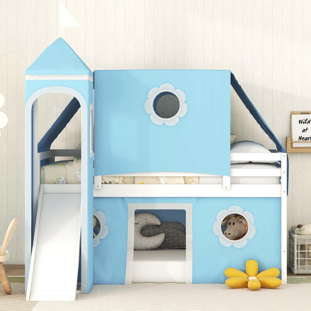 Streamdale Furniture Streamdale Twin Size Loft Bed with Slide Blue Tent and Tower - Blue