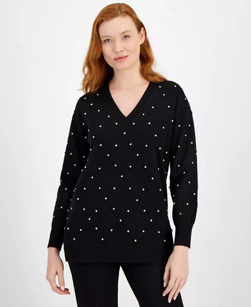 Anne Klein Women's Rhinestone V-Neck Sweater, Regular & Petite 1