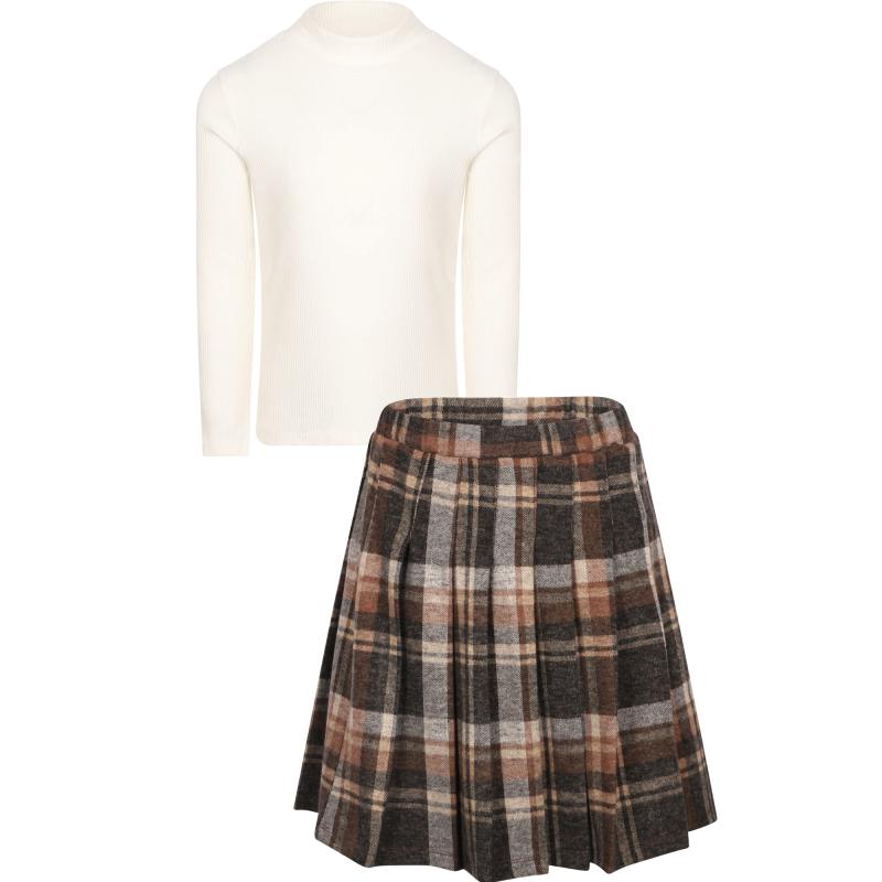 Blue Effect Long sleeved ribbed top and plaid pleated skirt set in white brown and grey
