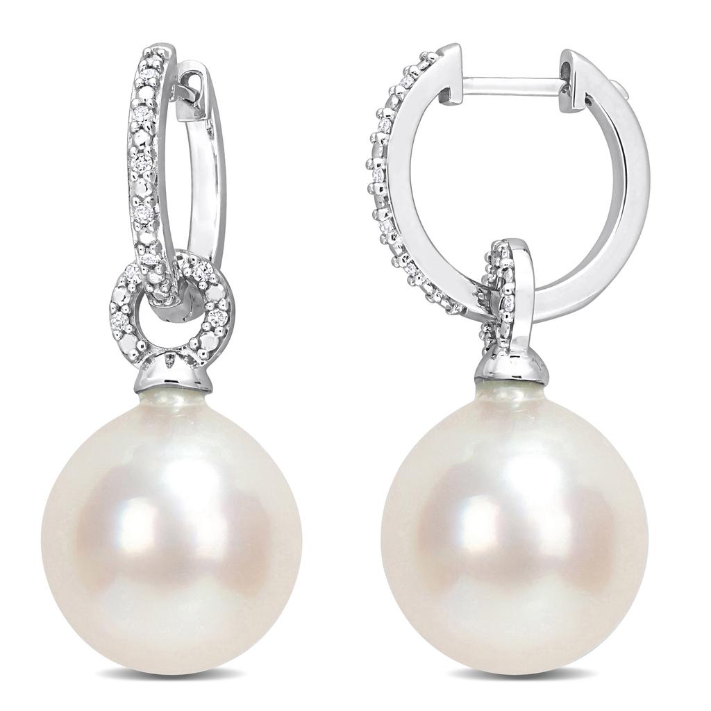 Mimi & Max 11-11.5mm South Sea Cultured Pearl and 1/10ct TW Diamond Huggie Earrings in 14k White Gold