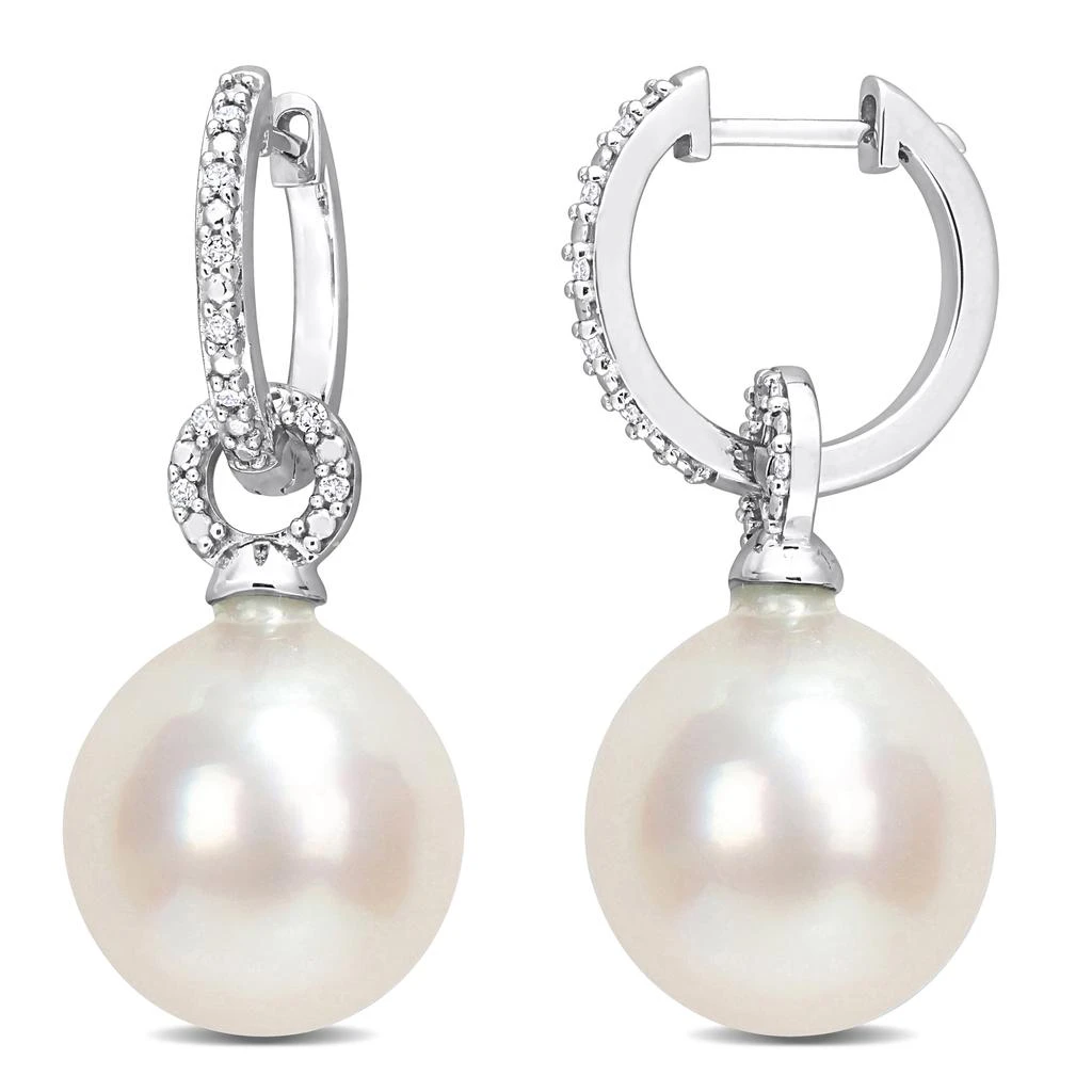 Mimi 
Max 11-11.5mm South Sea Cultured Pearl and 1/10ct TW Diamond Huggie Earrings in 14k White Gold 1