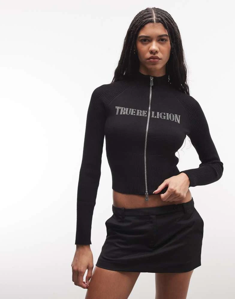 True Religion True Religion crystal logo turtleneck zip through sweater in black