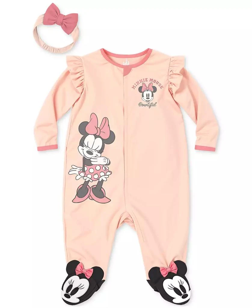 Disney Baby Girls Minnie Mouse Headband & Footed Coverall, 2 Piece Set 1