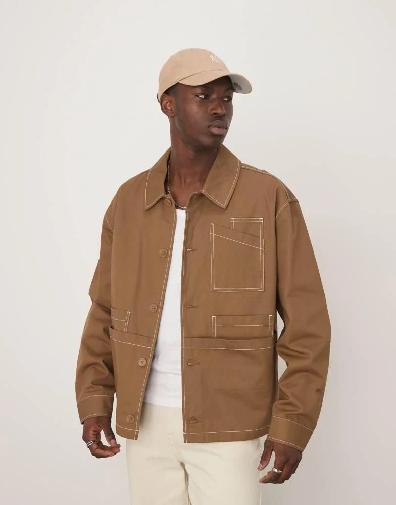 ASOS ASOS DESIGN boxy oversized worker jacket with contrast stitch in tan 1