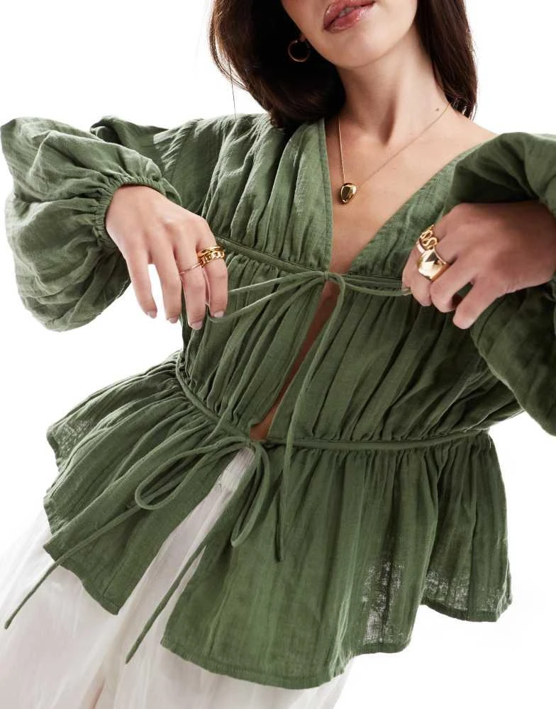 ASOS ASOS DESIGN long sleeve smock top with ties in khaki 3