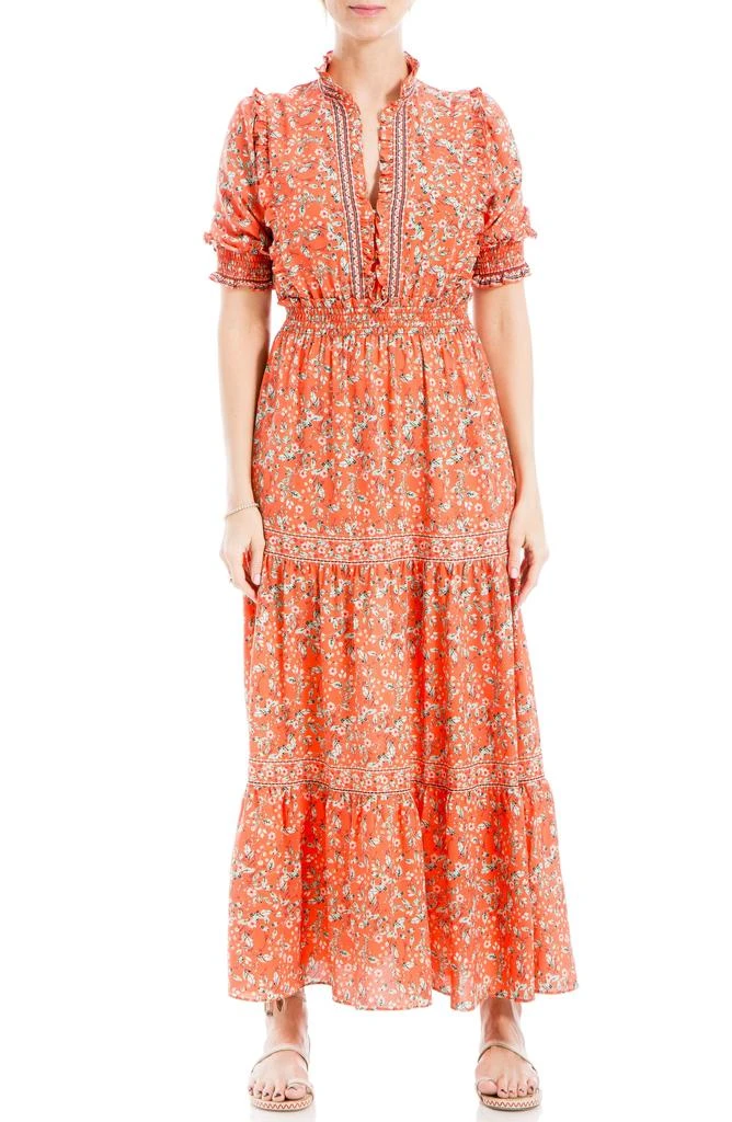 fitted lace wedding dress Max Studio Tie Neck Bubble Sleeve Tiered Maxi Dress main image 0