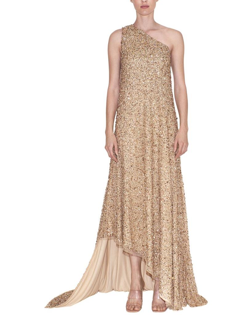REEM ACRA One-Shoulder Beaded Gown