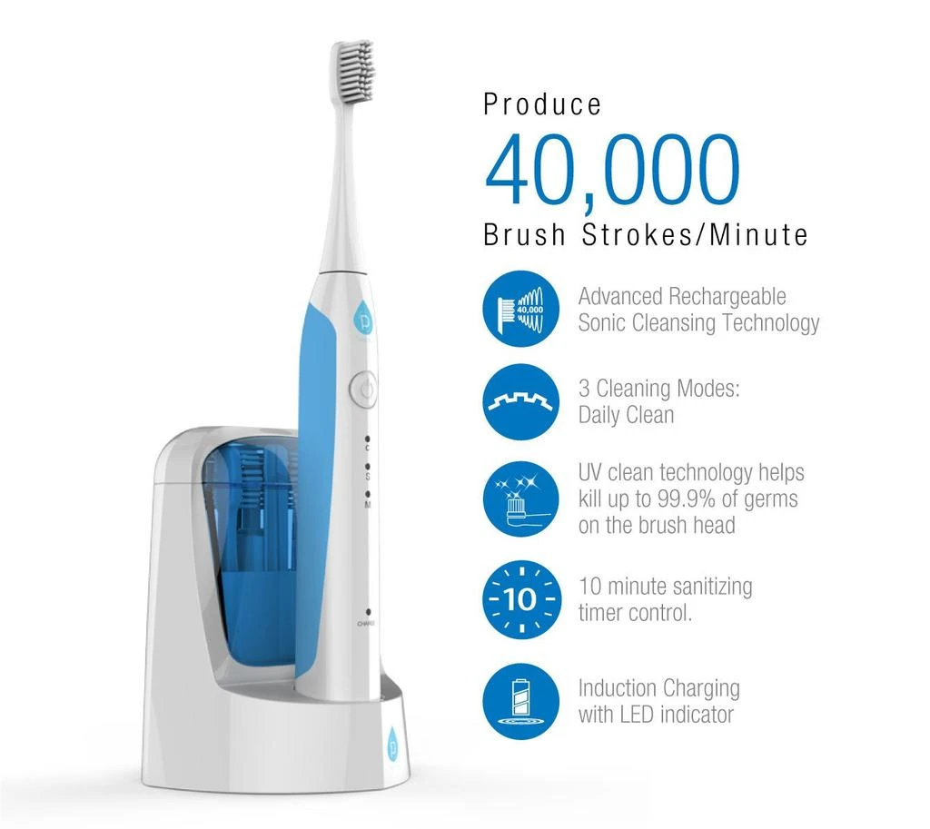 PURSONIC Sonic SmartSeries Electronic Power Rechargeable Battery Toothbrush with UV Sanitizing Function,  Includes 12 Brush Heads,WHITE 2