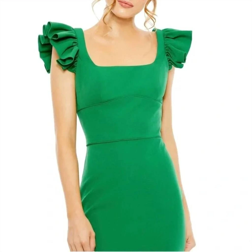 Ieena for Mac Duggal Ruffle Cap Sleeve Open Back Column Gown In Green 3