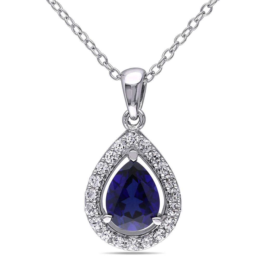 Mimi & Max 2 1/5 CT TGW Created Blue and Created White Sapphire Teardrop Halo Pendant with Chain in Sterling Silver