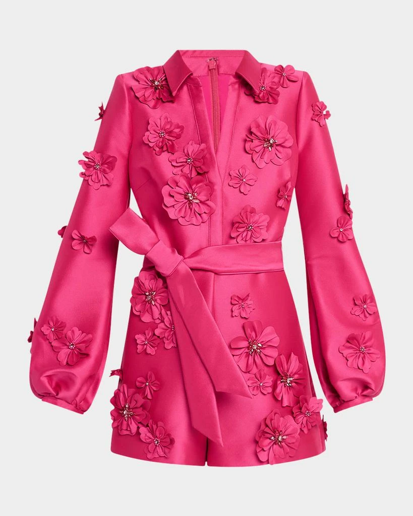Badgley Mischka Blouson-Sleeve Floral Applique Romper 1