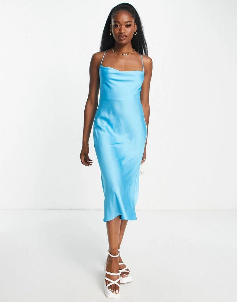 Stradivarius Stradivarius satin midi slip dress in blue 1