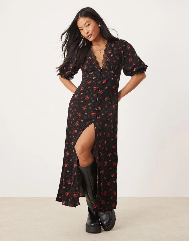 Miss Selfridge Petite lace trim button through maxi dress in black rose  print  On Sale Now with Up to 32% Off | Discover Exclusive Deals & Savings  at BeyondStyle  Authentic