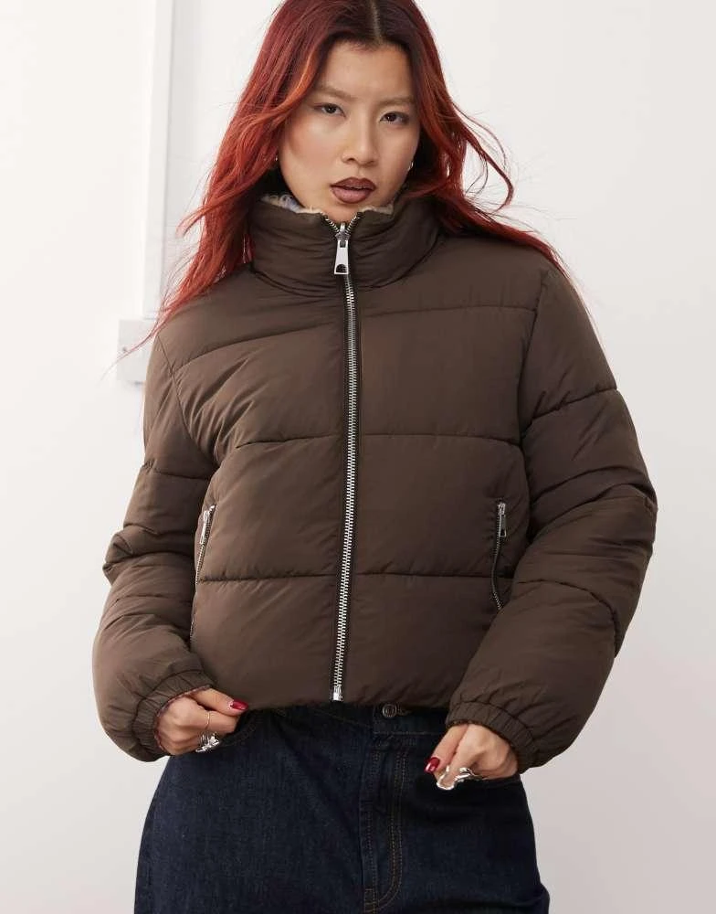 Monki Monki reversible padded jacket in hairy brown check 2