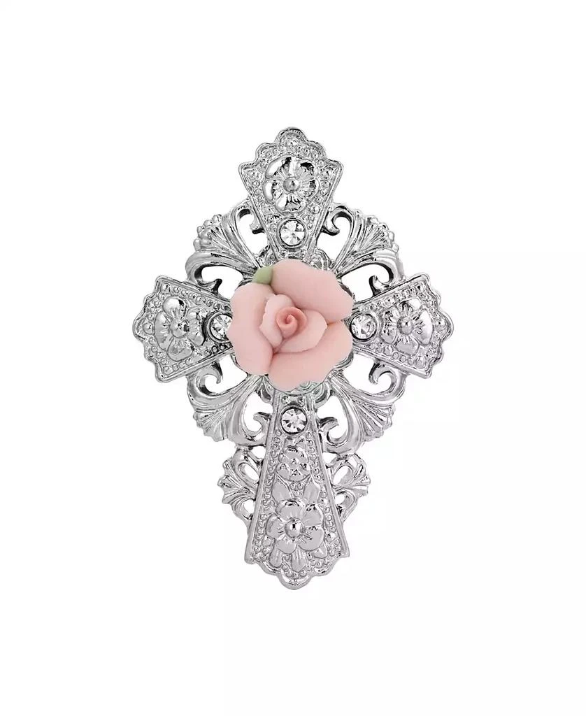 Symbols of Faith Silver-Tone Pink Porcelain Rose Cross Pin
