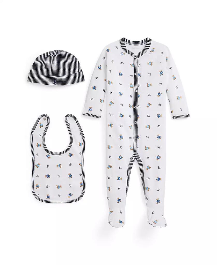 Ralph Lauren Baby Boys' Bear Motif Coverall, Bib and Beanie Gift, 3-Piece Set