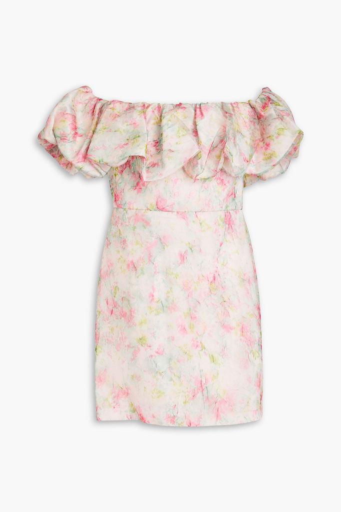 Monique Lhuillier Off-the-shoulder ruffled printed organza mini dress
