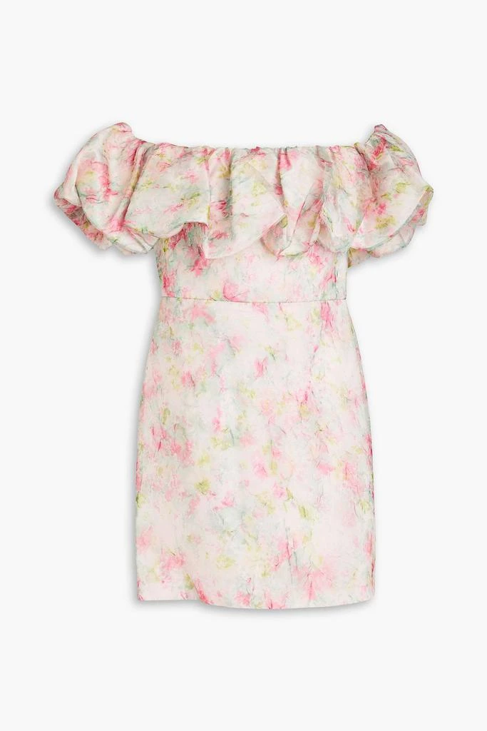 Monique Lhuillier Off-the-shoulder ruffled printed organza mini dress 1