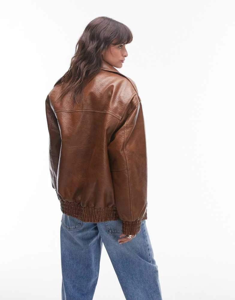 Topshop Topshop faux leather oversized bomber jacket in tan 4
