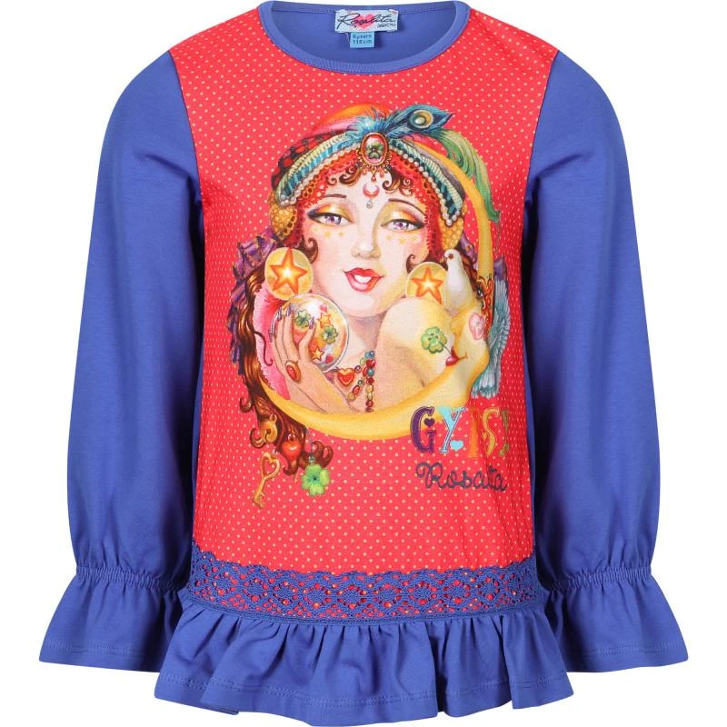 Rosalita Señoritas Gypsy print ruffled blouse in blue and red 1