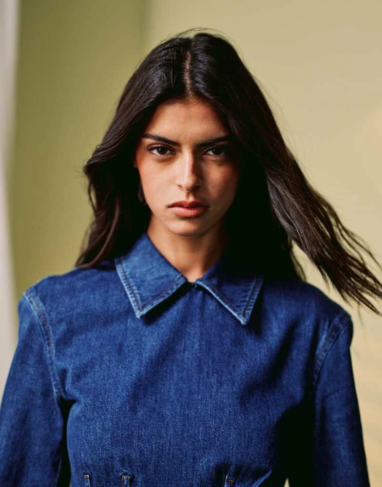 & Other Stories & Other Stories long sleeve denim mini dress with tailored waist and classic collar 3