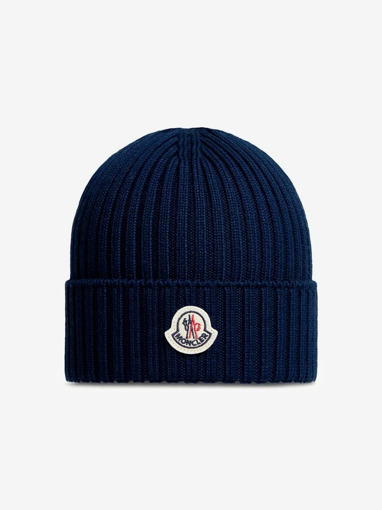 Shop Moncler Enfant Kids Wool Knit Beanie Hat in Navy on  display picture 2