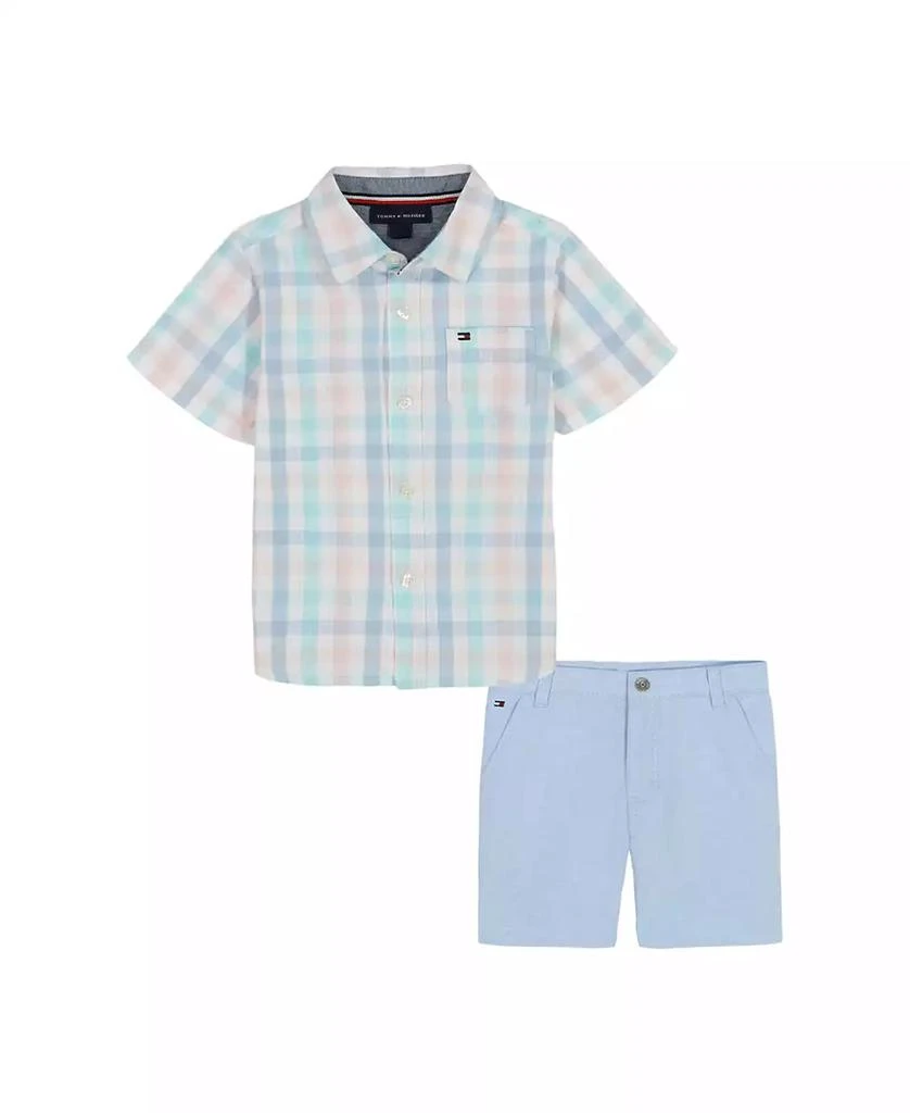 Tommy Hilfiger Toddler Boys 2-Piece Short Sleeve Seersucker Plaid Shirt and Oxford Shorts Set 3