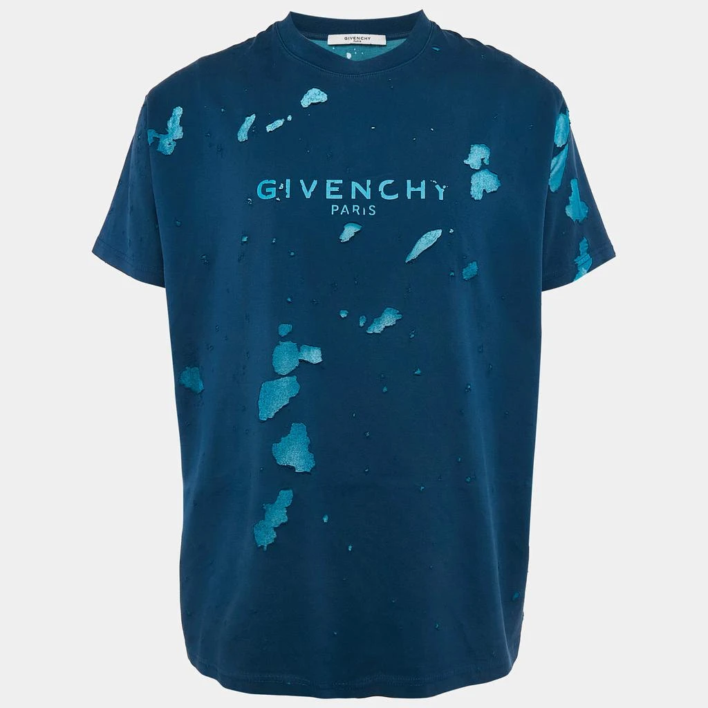 Givenchy Givenchy Blue Logo Print Distressed Cotton Crew Neck T-Shirt S 1