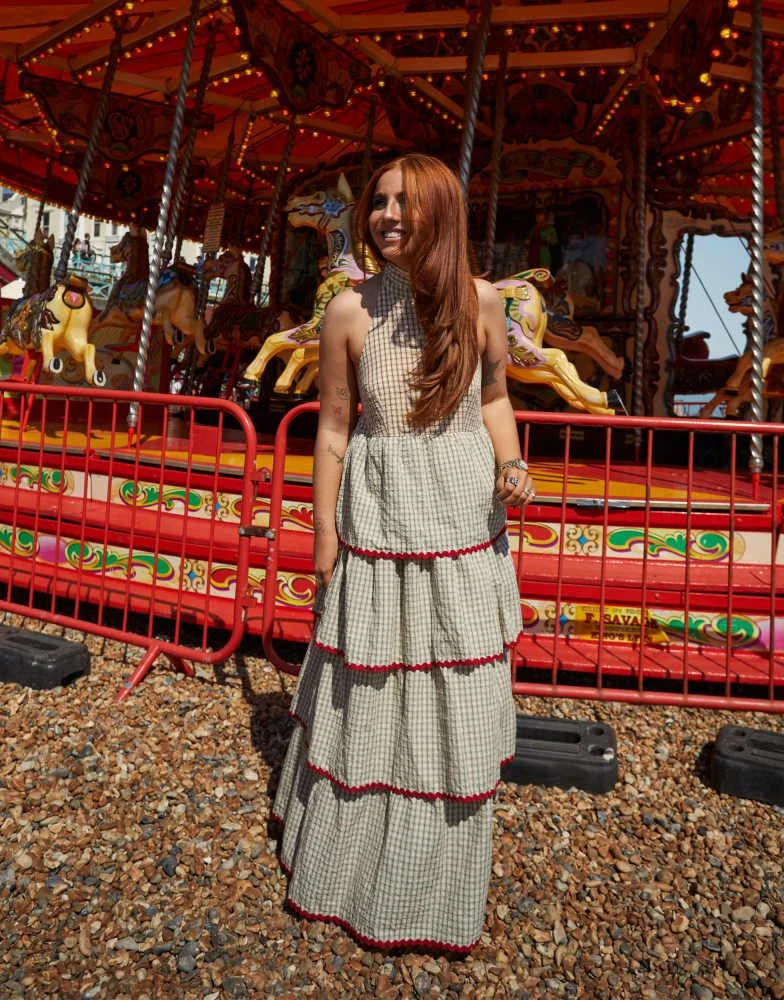 Labelrail Labelrail x Laura Elizabeth Klein gingham ruffle tiered maxi halter dress in multi 2