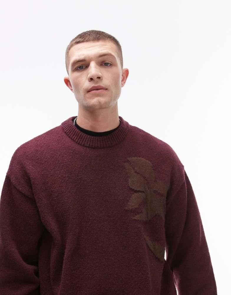 Topman Topman oversized jumper with floral jacquard in burgundy 1