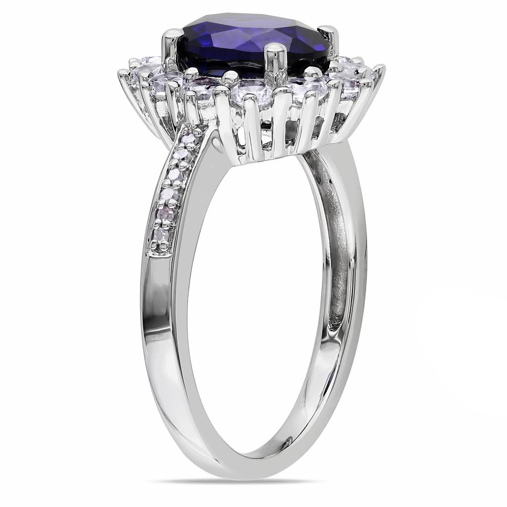 Mimi & Max 4 CT TGW Created Blue and White Sapphire and 0.05 CT TW Diamond Halo Ring in Sterling Silver