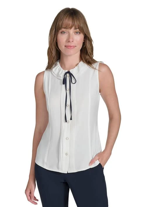 Tommy Hilfiger Hilfiger Women S Sleeveless Mixed Media Ruffle Neck Blouse 1