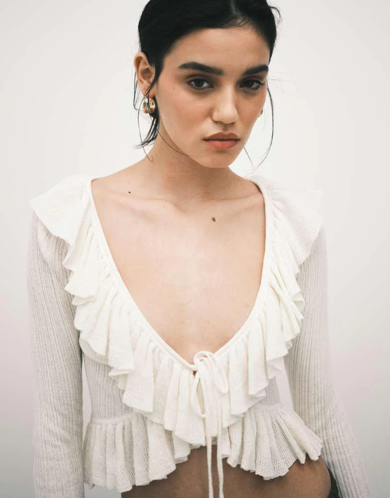 Monki Monki frill knit cardigan in off white