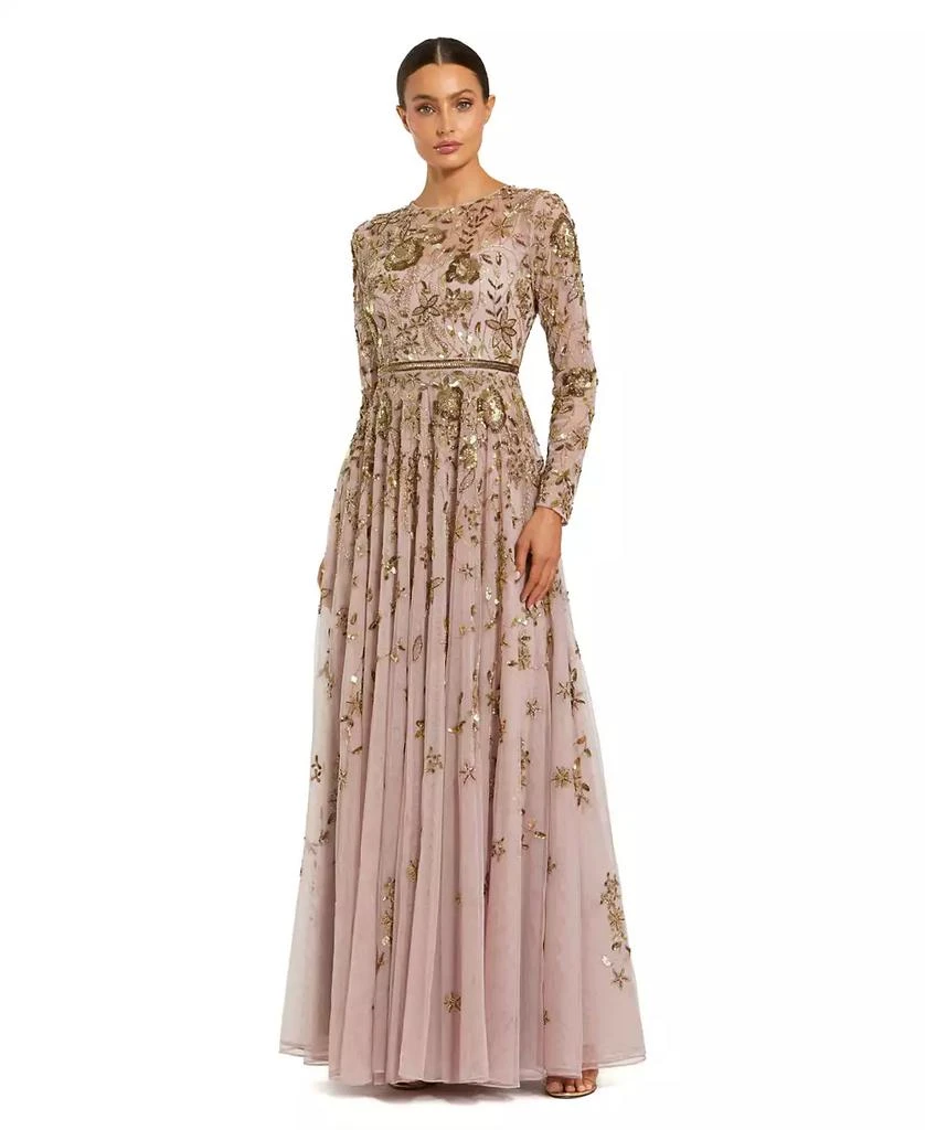 Mac Duggal Women
s Long Sleeve Mesh Floral Embellished Gown