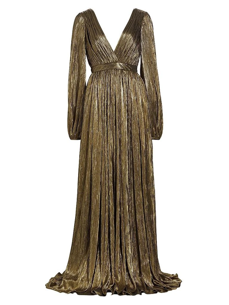 Metallic Pleated Georgette Long-Sleeve Gown  On Sale Now with Up to 71%  Off | Discover Exclusive Deals & Savings at BeyondStyle  Authentic Badgley  Mischka pleated|women's apparel|solid|dresses|long  sleeve|Women's|floor-length|v-neck|modern ...