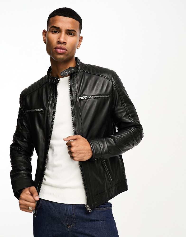 Shop Barneys Originals real leather racing jacket with zip pockets