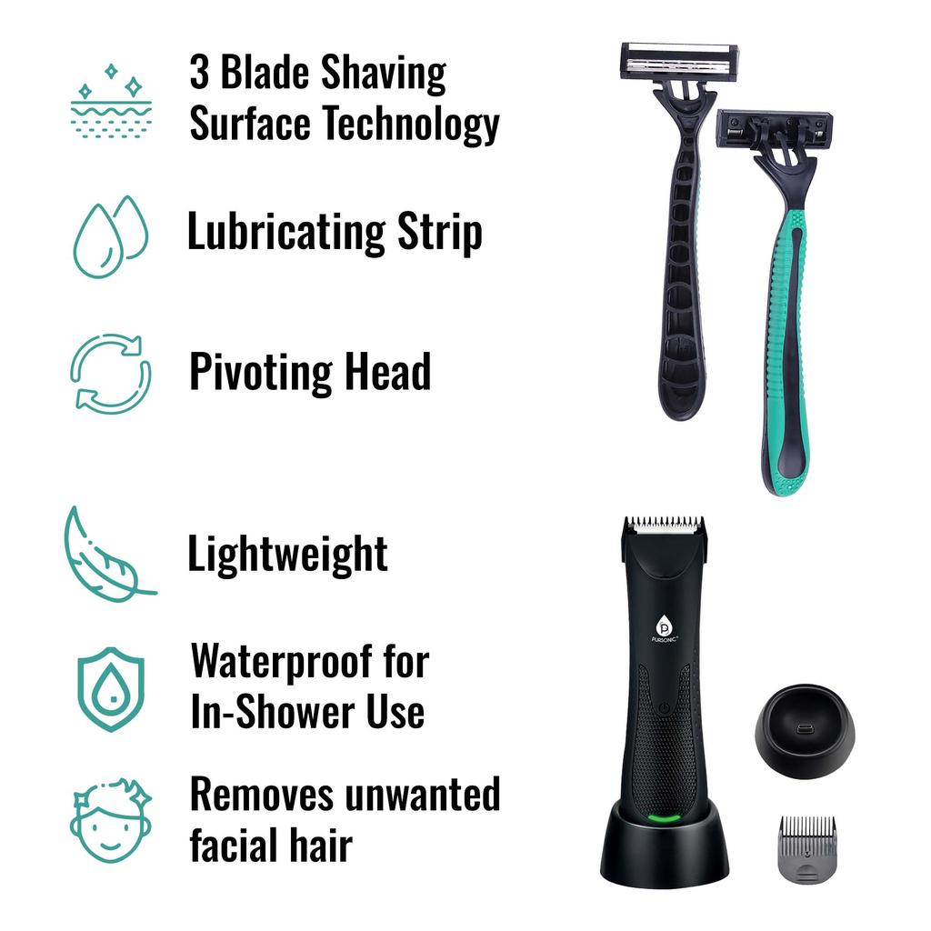 PURSONIC Pursonic - Mario Lopez Wireless Body Hair Trimmer & Shaver and Mario Lopez Disposable Razors - 3 Blade Shaving Surface Technology