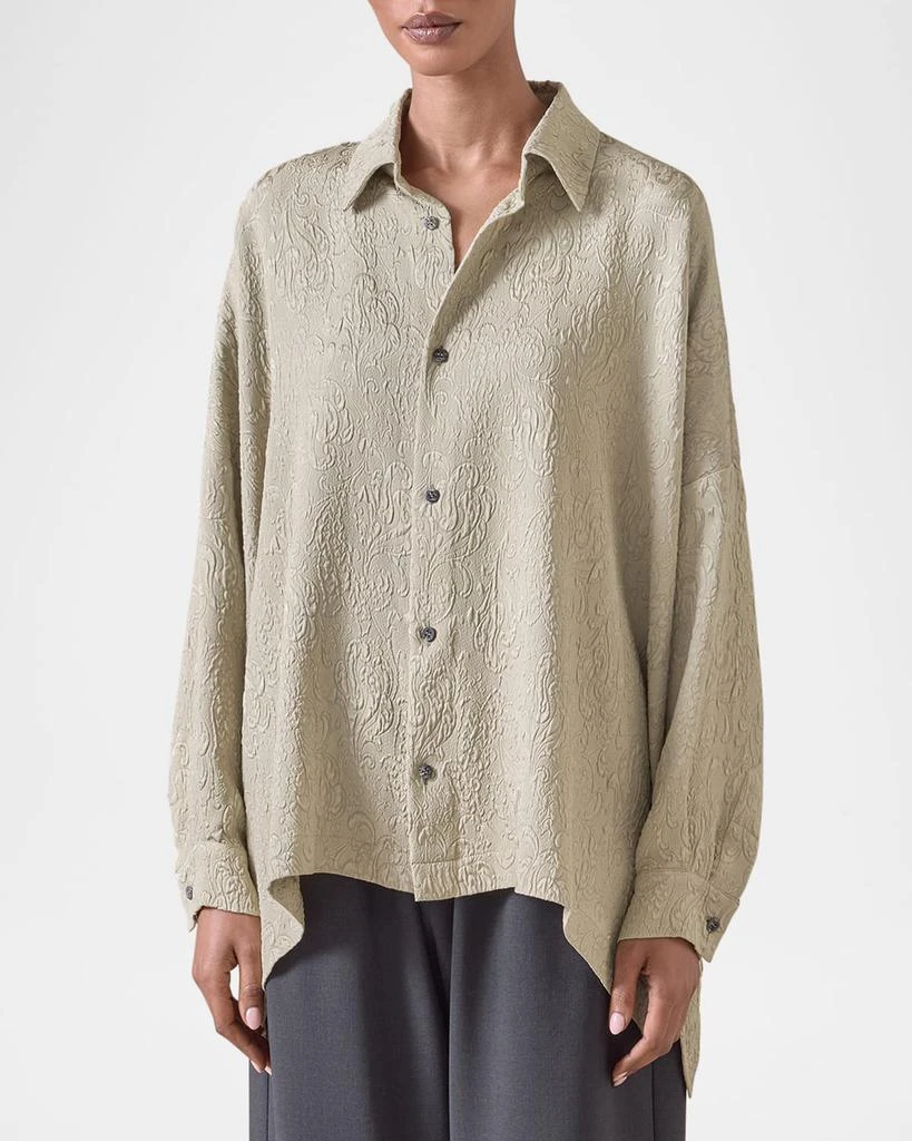 Eskandar Damask Cloque Wide Longer-Back Shirt With Collar (Mid Plus Length) 5