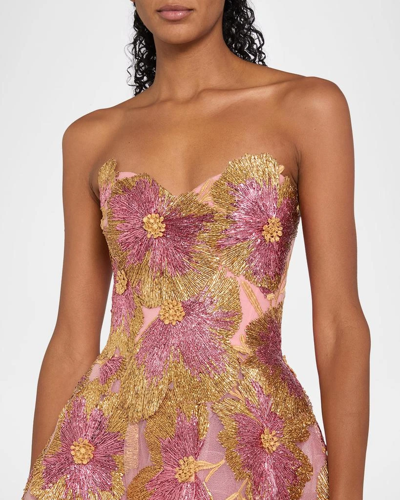 Monique Lhuillier Strapless Metallic Floral Embroidered Tulle Tea-Length Dress 5