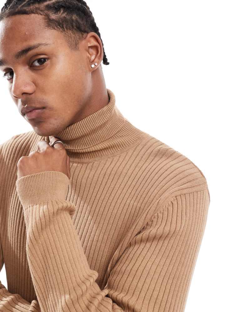 Brave Soul Brave Soul cotton ribbed roll neck jumper in tan