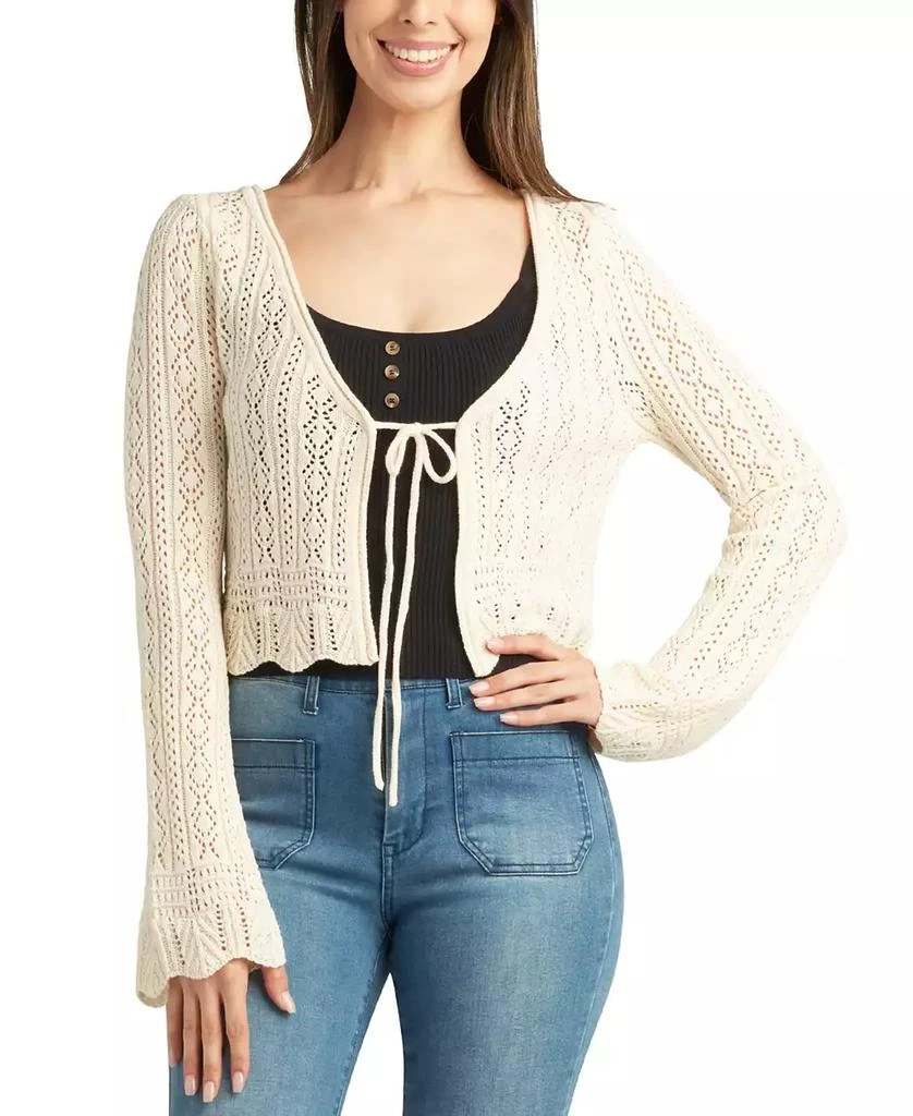 BCX Juniors' Bell-Sleeve Crocheted Tie-Front Cardigan 1