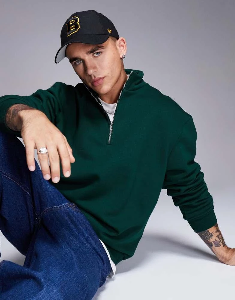 ASOS ASOS DESIGN premium heavyweight oversized quarter zip sweatshirt 400gsm dark green 1