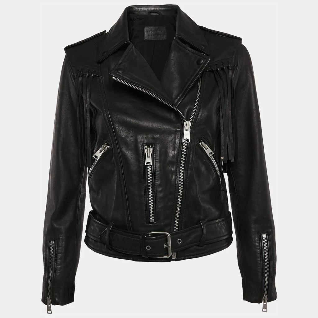 ALL SAINTS All Saints Black Leather Zip-Up Tassel Detail Balfern Biker Jacket S 1