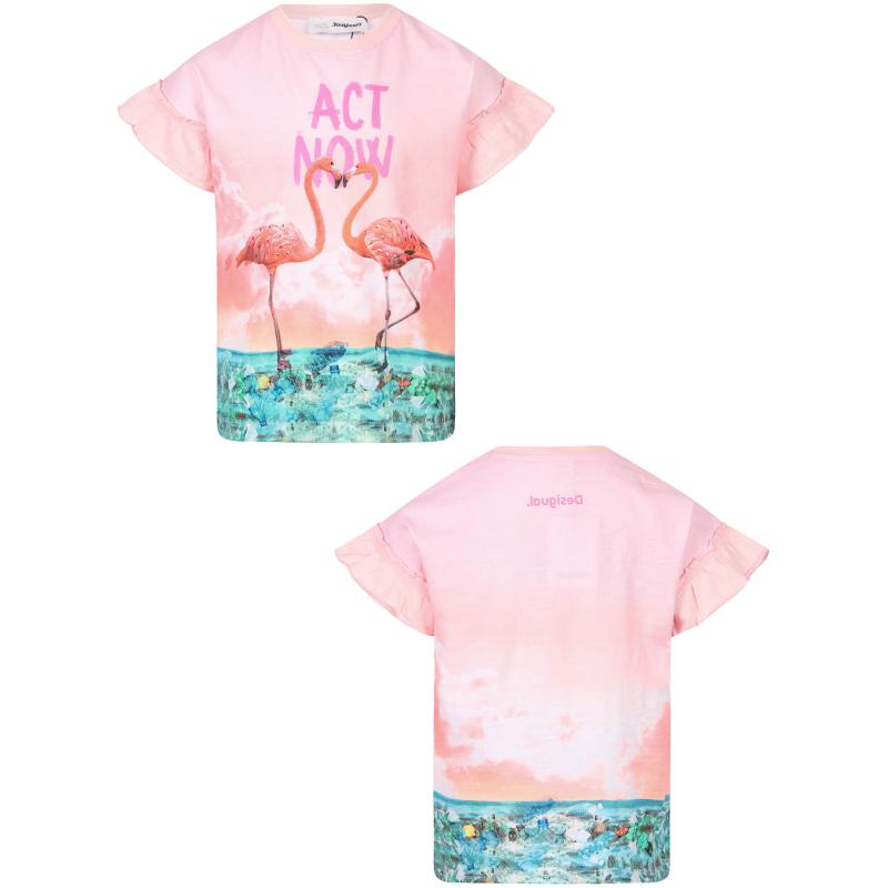 Desigual Act now flamingo t shirt in pink and green
