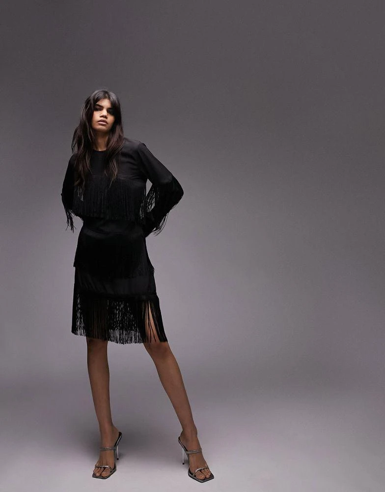 Topshop Topshop fringe detail asymmetric long sleeve mini dress in black 2