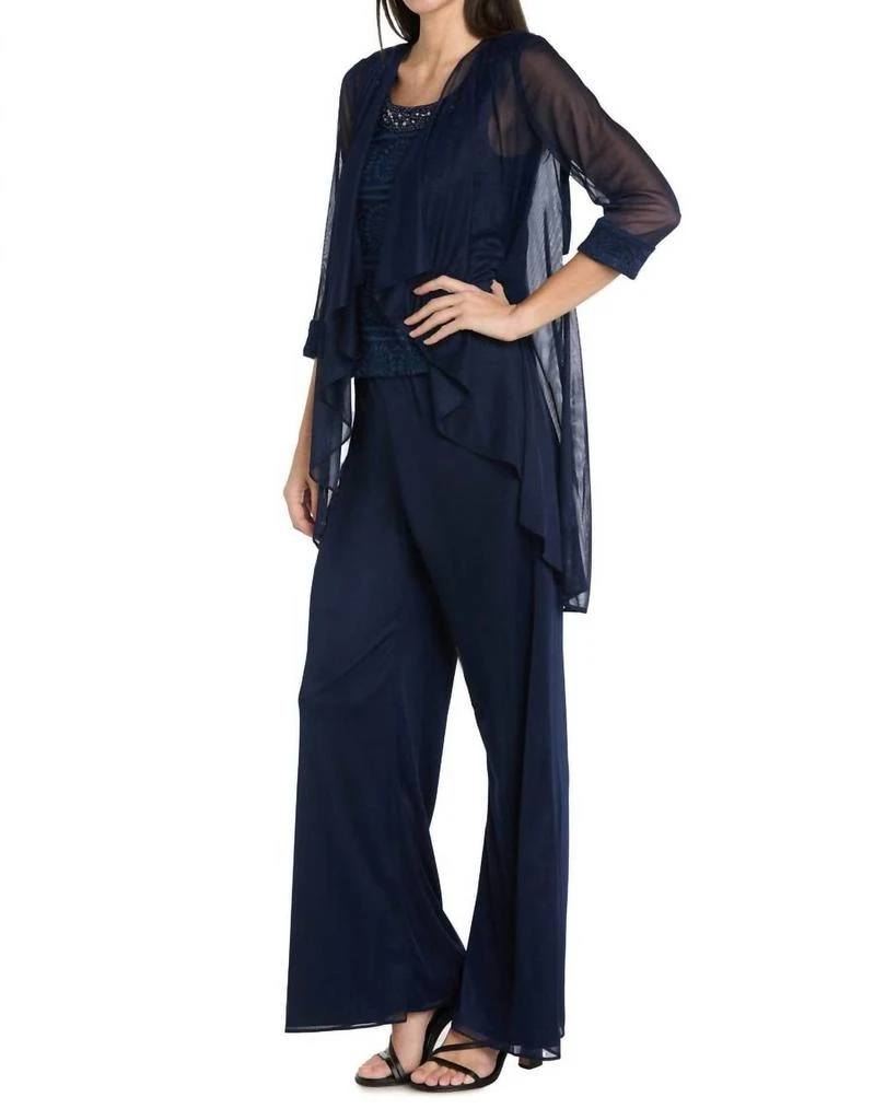 R&M Richards Glitter Embroidered Pant Suit With Pearl Neckline In Navy 2